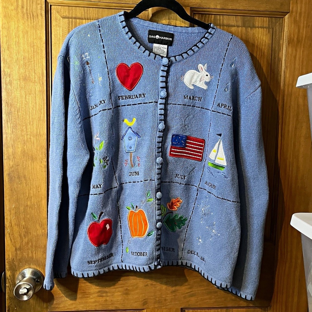 Vintage Y2K Sag Harbor Calendar Novelty Cardigan Sweater Embroidered Large
